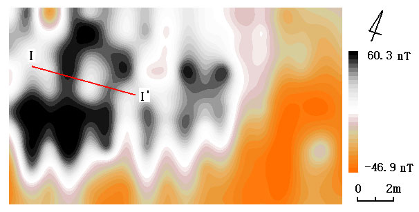 우로해석연장(-0.2m)한 돌칸무덤유적구역의 △T등값선도
