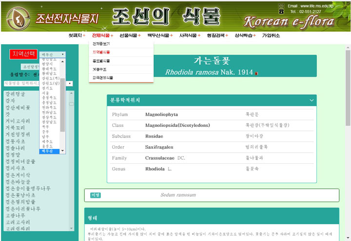 조선전자식물지의 지역별식물찾아보기대면부