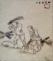 Rice threshing at the log