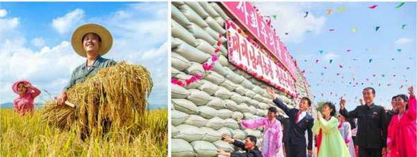 풍작의 기쁨속에 웃음짓는 농업근로자들