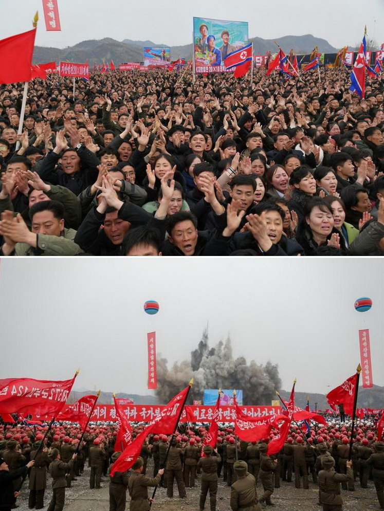 성천군 지방공업공장건설착공식에 참가한 인민들과 군인건설자들