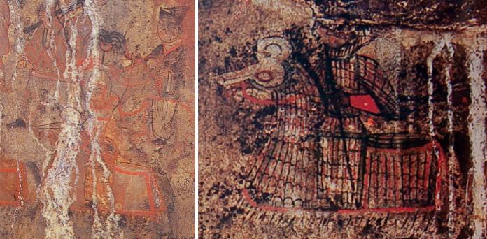고국원왕무덤벽화에 그려진 개마무사의 가죽갑옷(왼쪽)과 철갑옷(오른쪽)
