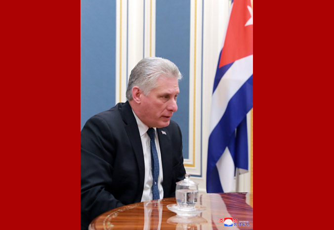 Supreme Leader Kim Jong Un Has Talk and Dinner with President of Cuban Council of State at Office Building of C.C., WPK