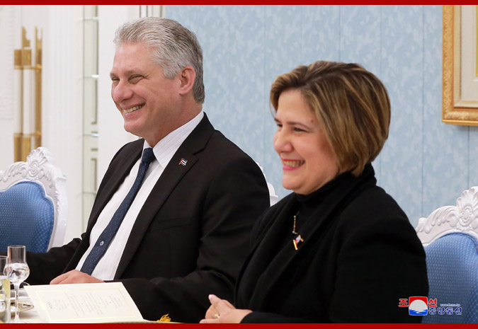 Supreme Leader Kim Jong Un Has Talk and Dinner with President of Cuban Council of State at Office Building of C.C., WPK