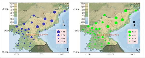 1971-2020년기간에 연구지역에서 년서리일수의 공간분포(ㄱ-총서리일수 ㄴ-강한 서리일수)